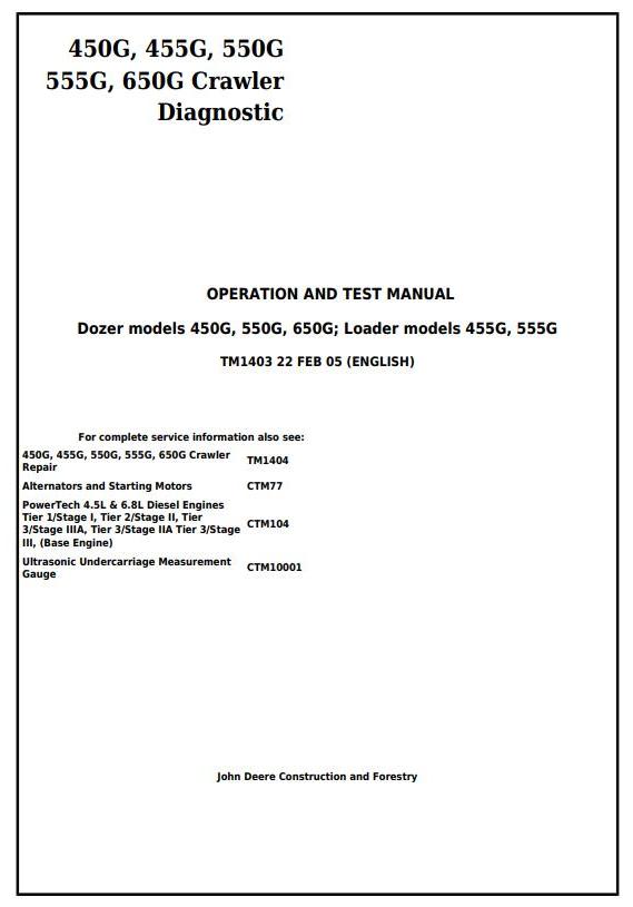 TM1403 - John Deere 450G, 455G, 550G, 555G, 650G Crawler Dozer/Loader Diagnostic Workshop Service Manual - 17450